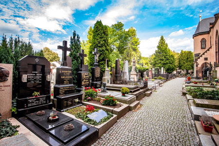PRAGUE, CZECH REPUBLIC, SEPTEMBER 12 : grave tomb in Vysehrad cemetery, september 12, 2019 in Prague, czech republicのeditorial素材