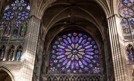 SAINT-DENIS, FRANCE  FEBRUARY 12, 2015 : stained glass in basilica of saint-denis,  necropolis of french monarchs, February, 12, 2015 in Saint-Denis, near Paris, France.のeditorial素材