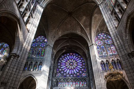 SAINT-DENIS, FRANCE  FEBRUARY 12, 2015 : stained glass in basilica of saint-denis,  necropolis of french monarchs, February, 12, 2015 in Saint-Denis, near Paris, France.のeditorial素材