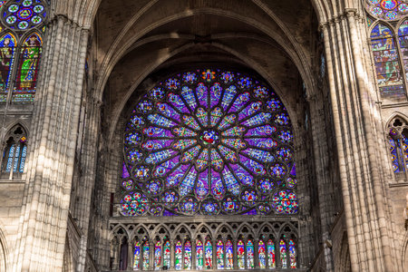 SAINT-DENIS, FRANCE  FEBRUARY 12, 2015 : stained glass in basilica of saint-denis,  necropolis of french monarchs, February, 12, 2015 in Saint-Denis, near Paris, France.のeditorial素材