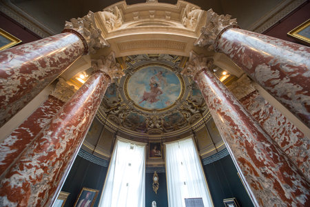 CHANTILLY, FRANCE NOVEMBER 15, 2013 : Interiors, painted roofs, and architectural details of Chateau de Chantilly,  November 15, 2013 in Chantilly, Oise, France.のeditorial素材