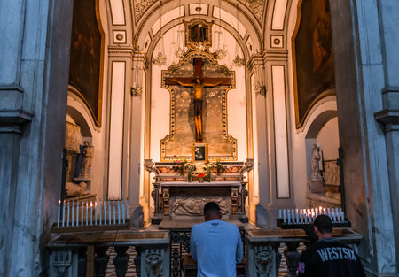 NAPLES, ITALY, MAY 16, 2014 : Interiors and details of the Duomo, cathedral of Naples, built 14th century for saint Januarius, camapnia, Italy, May 16, 2014,  in Naples, Italy.のeditorial素材