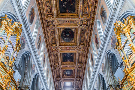 NAPLES, ITALY, MAY 16, 2014 : Interiors and details of the Duomo, cathedral of Naples, built 14th century for saint Januarius, camapnia, Italy, May 16, 2014,  in Naples, Italy.のeditorial素材