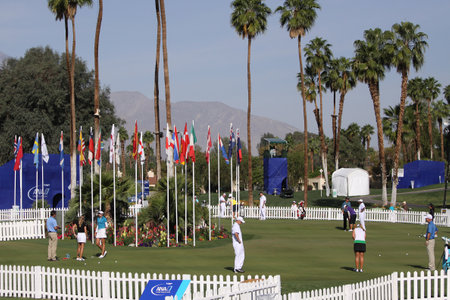 RANCHO MIRAGE, CALIFORNIA - APRIL 01, 2015 : golf course view at the ANA inspiration golf tournament on LPGA Tour, April 01, 2015 at The Mission Hills country club, Rancho Mirage, Californiaのeditorial素材