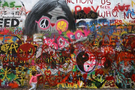 PRAGUE, CZECH REPUBLIC, SEPTEMBER 13 : details of John Lennon wall, september 13, 2019 in Prague, czech republicのeditorial素材