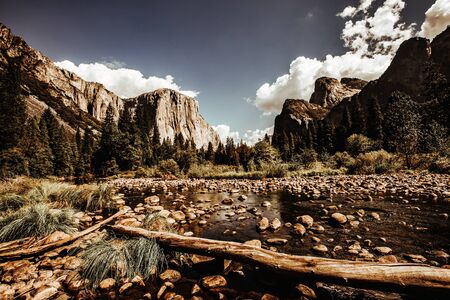 World famous rock climbing wall of El Capitan, Yosemite national park, California, usaの写真素材