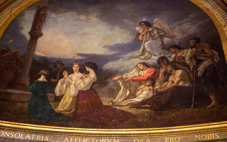 Paris, France  November 13 th, 2013 : Interiors, painted roofs, and architectural details of  Saint Eustache church, Paris, France.のeditorial素材