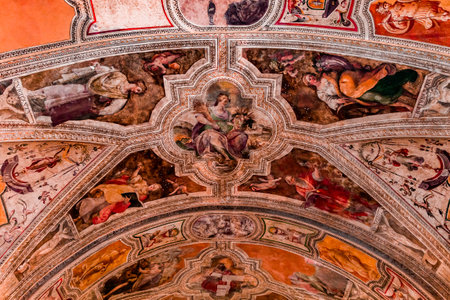 NAPLES, ITALY  MAY 16, 2014 : Interiors, paintings and details of San Paolo Maggiore church,  May 16, 2014,  in  Naples, Italyのeditorial素材