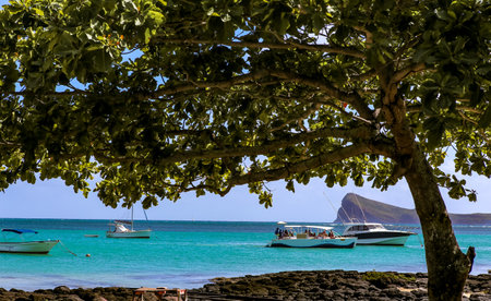 coastline and boats  in Cap Malheureux, Mauritius islandのeditorial素材