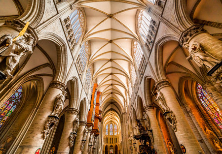 BRUSSELS, BELGIUM AUGUST 05, 2014 : Interiors, paintings and details of Cathedral Saints Michel et Gudule,   August 5, 2014,  in  Brussels, Belgiumのeditorial素材