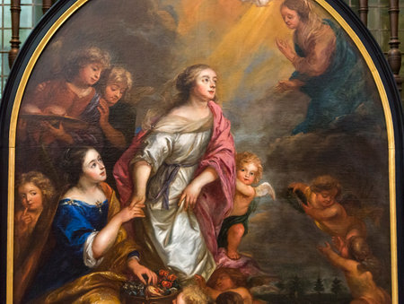 BRUGES, BELGIUM  JULY 30, 2014 : Interiors, paintings and details of Saint Salvator's Cathedral,  July 30, 2014,  in  Bruges, Belgiumのeditorial素材