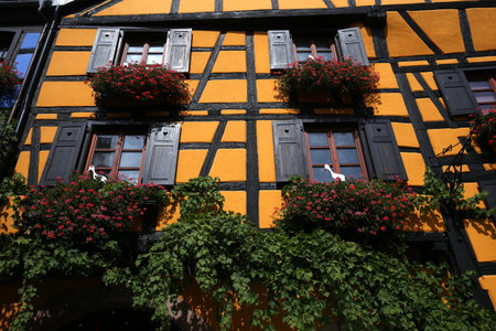 KAYSERSBERG, FRANCE, SEPTEMBER 07,  2018 : architectural details of Kaysersberg village, september 07, 2018, in  Alsace, Franceのeditorial素材