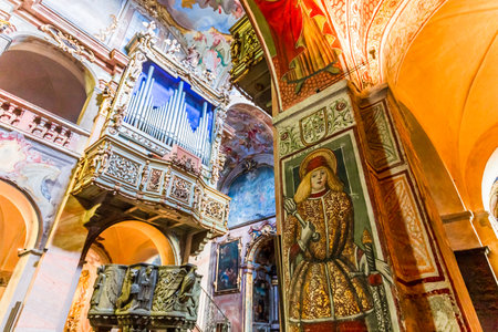 ORTA SAN GIULIO, ITALY, MAY 29, 2019 : interiors decors and frescoes of basilica di orta , may 29, 2019, in Orta san Giulio, italyのeditorial素材
