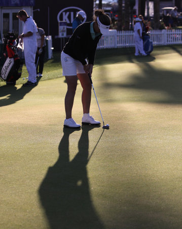 RANCHO MIRAGE, CALIFORNIA - APRIL 03, 2015: golf course view at the ANA inspiration golf tournament on LPGA Tour, April 03, 2015 at The Mission Hills country club, Rancho Mirage, Californiaのeditorial素材