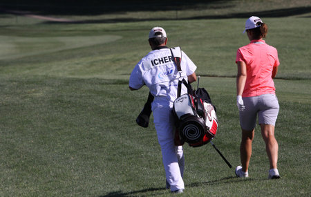 RANCHO MIRAGE, CALIFORNIA - APRIL 03, 2015: golf course view at the ANA inspiration golf tournament on LPGA Tour, April 03, 2015 at The Mission Hills country club, Rancho Mirage, Californiaのeditorial素材