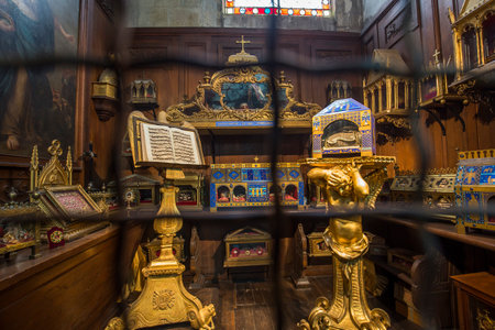 COMPIEGNE, FRANCE, JULY 16, 2016: stained glass and details of saint Jacques church, july 16, 2016 in Compiegne, Oise, Franceのeditorial素材