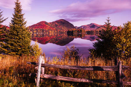 view of the Lac-Superieur, in Laurentides, Mont-tremblant, Quebec, Canadaの写真素材