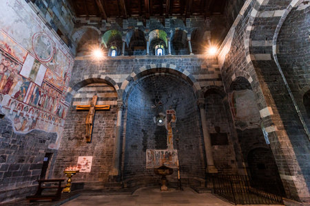 GRAVEDONA, ITALY, JUNE 05, 2019: architectural decors and frescoes of santa Maria del Tiglio church, june 05, 2019, in Gravedona, lake Como, italyのeditorial素材