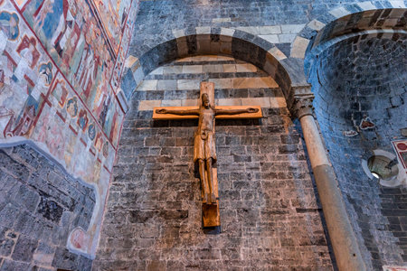 GRAVEDONA, ITALY, JUNE 05, 2019: architectural decors and frescoes of santa Maria del Tiglio church, june 05, 2019, in Gravedona, lake Como, italyのeditorial素材