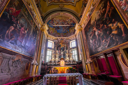 GRAVEDONA, ITALY, JUNE 05, 2019: architectural decors and frescoes of santa Maria del Tiglio church, june 05, 2019, in Gravedona, lake Como, italyのeditorial素材