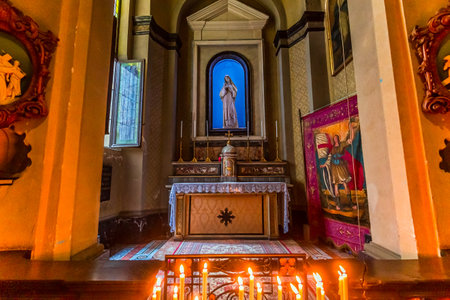 COMO, ITALY, JUNE 06, 2019: architectural decors and frescoes of basilica san Fedele, june 06, 2019, in Como, italyのeditorial素材