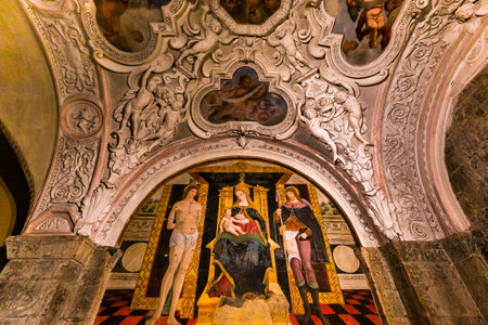 COMO, ITALY, JUNE 06, 2019: architectural decors and frescoes of basilica san Fedele, june 06, 2019, in Como, italyのeditorial素材