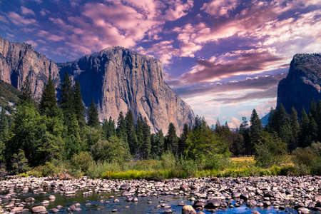 World famous rock climbing wall of El Capitan, Yosemite national park, California, usaの写真素材