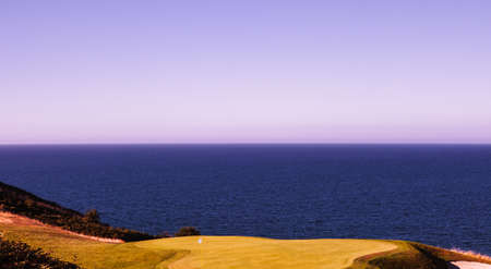 Pleneuf Val Andre Golf course, Bretagne, France, in the background, the channel seaの写真素材
