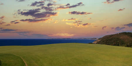 Pleneuf Val Andre Golf course, Bretagne, France, in the background, the channel sea and the cape of erquyの写真素材