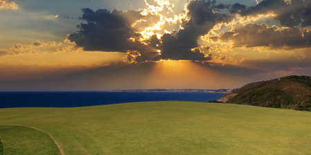 Pleneuf Val Andre Golf course, Bretagne, France, in the background, the channel sea and the cape of erquyの写真素材