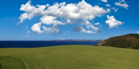 Pleneuf Val Andre Golf course, Bretagne, France, in the background, the channel sea and the cape of erquyの写真素材