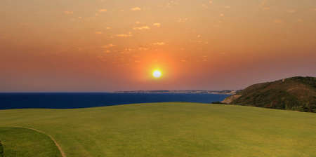 Pleneuf Val Andre Golf course, Bretagne, France, in the background, the channel sea and the cape of erquyの写真素材
