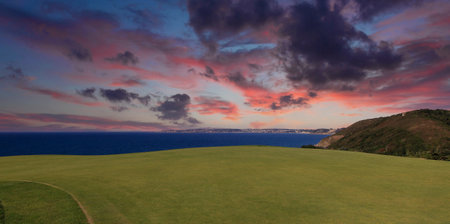 Pleneuf Val Andre Golf course, Bretagne, France, in the background, the channel sea and the cape of erquyの写真素材