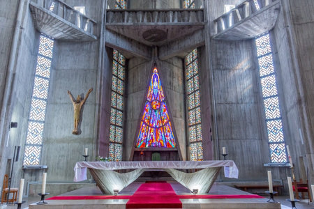ROYAN, FRANCE, SEPTEMBER, 11, 2021 : interiors decor of our lady church, september 11, 2021, in Royan, Franceのeditorial素材