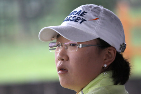 EVIAN GOLF COURSE, FRANCE JULY 27, 2010: lady golfer at The Evian Masters golf tournament, July 27, 2010 at The Evian golf course, Evian, France.のeditorial素材