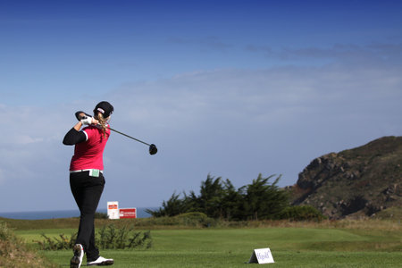 Dinard, france, september 22, 2011: lady golfer at driving in action at the Dinardh open 2011のeditorial素材