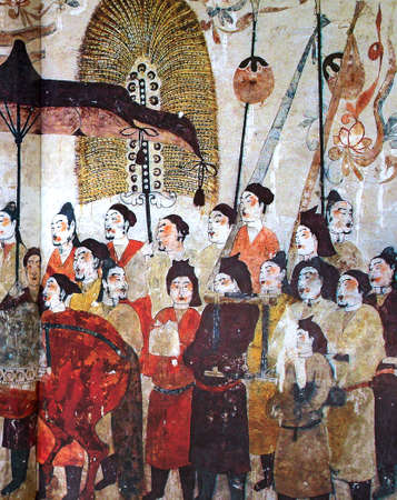 XU XIANJU, CHINA DECEMBER 10, 2014: Wangjiafeng Chinese procession fresco in the tomb of Xu Xianju, China, 6th century, december 10, 2014, in Xu Xianju, Chinaのeditorial素材