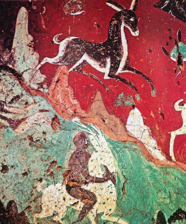 DUNHUANG, CHINA DECEMBER 10, 2014: frescoe of white deer on a red background, Dunhuang cave, Gansu Province, China, december 10, 2014, in Dunhuang, Chinaのeditorial素材