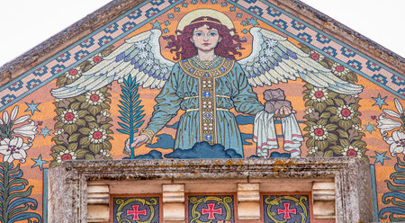 BRIARE, LOIRET, FRANCE, MAY 06, 2022: exteriors decors and mosaics details of Saint Etienne churchの写真素材