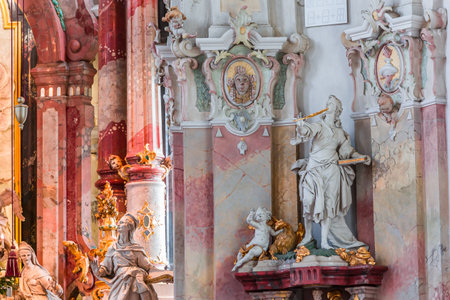 BIRNAU, BAVARIA, GERMANY, JUNE 07, 2022: Rococo and baroque decors in Birnau basilica, on Konstanz lake, by Gottfried Bernhard Gotz and Joseph Anton Feuchtmayer , 18th centuryのeditorial素材