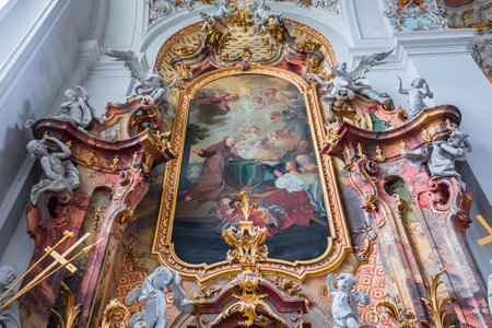 OTTOBEUREN, BAVARIA, GERMANY, MAY 29, 2022: interiors, frescoes and architectural decors of Ottobeuren abbey basilicaのeditorial素材