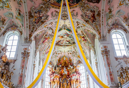 ROTTENBUCH, BAVARIA, GERMANY, JUNE 01, 2022: interiors, frescoes and architectural decors of Rottenbuch abbey basilica, by painter Matthaus Gunther and stuccoist Josef Schmuzer, 18th centuryのeditorial素材