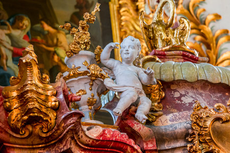 STEINGADEN, BAVARIA, GERMANY, JUNE 02, 2022: stuccowork statues and decors of church of Wieskirche, designed in the late 1740s by brothers JB and Dominikus Zimmermannのeditorial素材