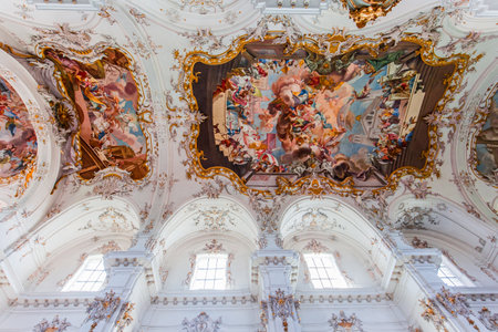 DIESSEN, BAVARIA, GERMANY, JUNE 03, 2022: Rococo and baroque decors in Diessen Marienmunster church, on Ammersee lake, by various anonymous artists , 18th centuryのeditorial素材