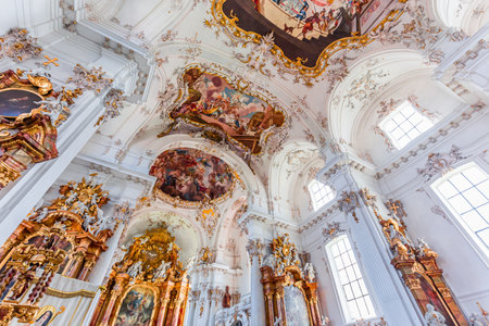 DIESSEN, BAVARIA, GERMANY, JUNE 03, 2022: Rococo and baroque decors in Diessen Marienmunster church, on Ammersee lake, by various anonymous artists , 18th centuryのeditorial素材