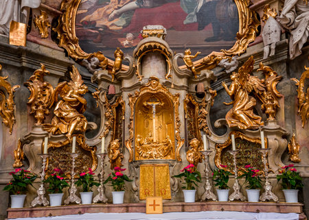 ETTAL, BAVARIA, GERMANY, MAY 31, 2022: Rococo and baroque decors in Ettal abbey, decoration by stuccoist Josef Schmutzer and Johann Baptist Straub, 18 th centuryのeditorial素材