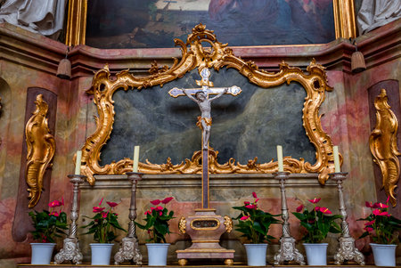 ETTAL, BAVARIA, GERMANY, MAY 31, 2022: Rococo and baroque decors in Ettal abbey, decoration by stuccoist Josef Schmutzer and Johann Baptist Straub, 18 th centuryのeditorial素材