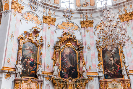 ETTAL, BAVARIA, GERMANY, MAY 31, 2022: Rococo and baroque decors in Ettal abbey, decoration by stuccoist Josef Schmutzer and Johann Baptist Straub, 18 th centuryのeditorial素材