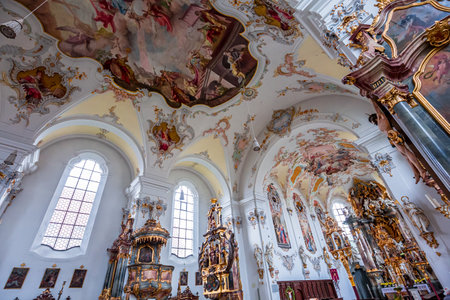 SCHONGAU, BAVARIA, GERMANY, JUNE 01, 2022: interiors, frescoes and architectural decors of Schongau church by various anonymous artists, 18th centuryのeditorial素材