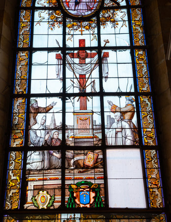LA ROCHELLE, CHARENTE MARITIME, FRANCE, SEPTEMBER 16, 2022: details of stained glasses windows in Saint Louis cathedral, by Lobin workshop, 19th centuryのeditorial素材